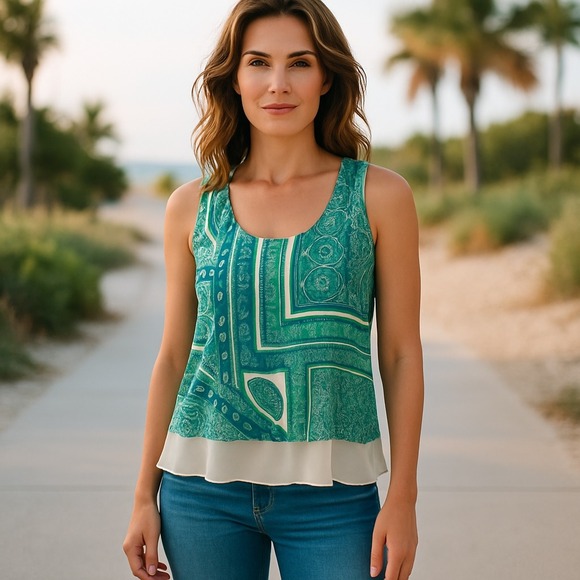 Rose + Olive Sleeveless Top Size M - Bandana Print‎ Sleeveless Layered Blouse - Picture 7 of 8